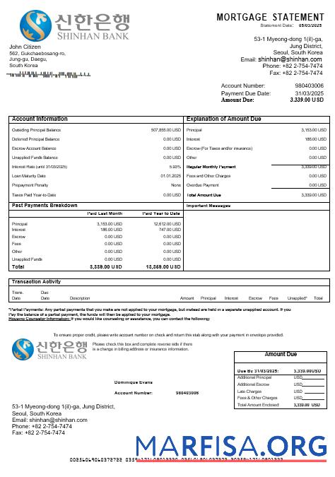 Blank South Korea Shinhan bank mortgage statement in Word and PDF formats template